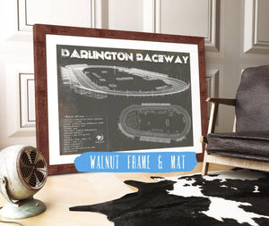 20" x 16" / Walnut Frame & Mat Cutler West Darlington Raceway Charcoal Blueprint NASCAR Race Track Print