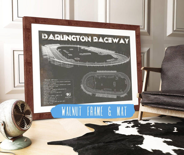 20" x 16" / Walnut Frame & Mat Cutler West Darlington Raceway Charcoal Blueprint NASCAR Race Track Print