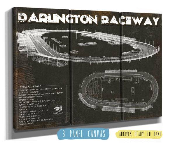 36" x 24" / 3 Panel Canvas Wrap Cutler West Darlington Raceway Charcoal Blueprint NASCAR Race Track Print