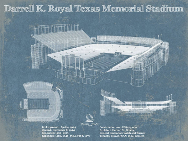 14" x 11" / Unframed Cutler West Darrell K. Royal Texas Memorial Stadium Blueprint Art Print