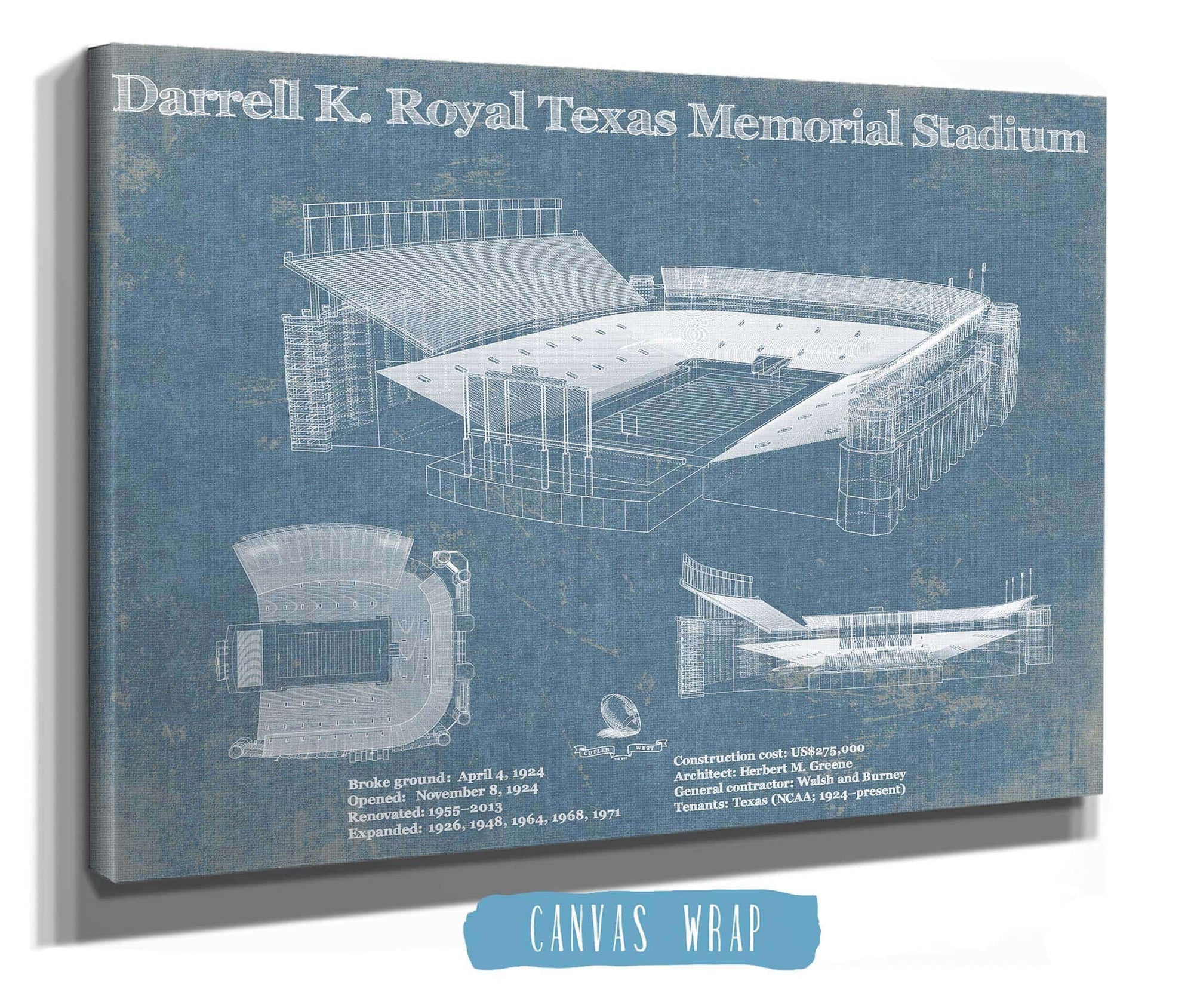 Cutler West Darrell K. Royal Texas Memorial Stadium Blueprint Art Print