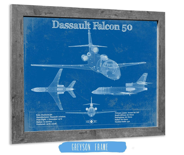 14" x 11" / Greyson Frame Cutler West Dassault Falcon 50 Vintage Blueprint Airplane Print