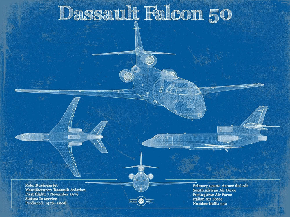 14" x 11" / Stretched Canvas Wrap Cutler West Dassault Falcon 50 Vintage Blueprint Airplane Print