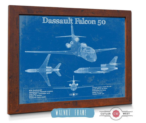 20" x 16" / Walnut Frame Cutler West Dassault Falcon 50 Vintage Blueprint Airplane Print