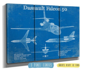 36" x 24" / 3 Panel Canvas Wrap Cutler West Dassault Falcon 50 Vintage Blueprint Airplane Print