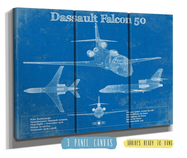 36" x 24" / 3 Panel Canvas Wrap Cutler West Dassault Falcon 50 Vintage Blueprint Airplane Print