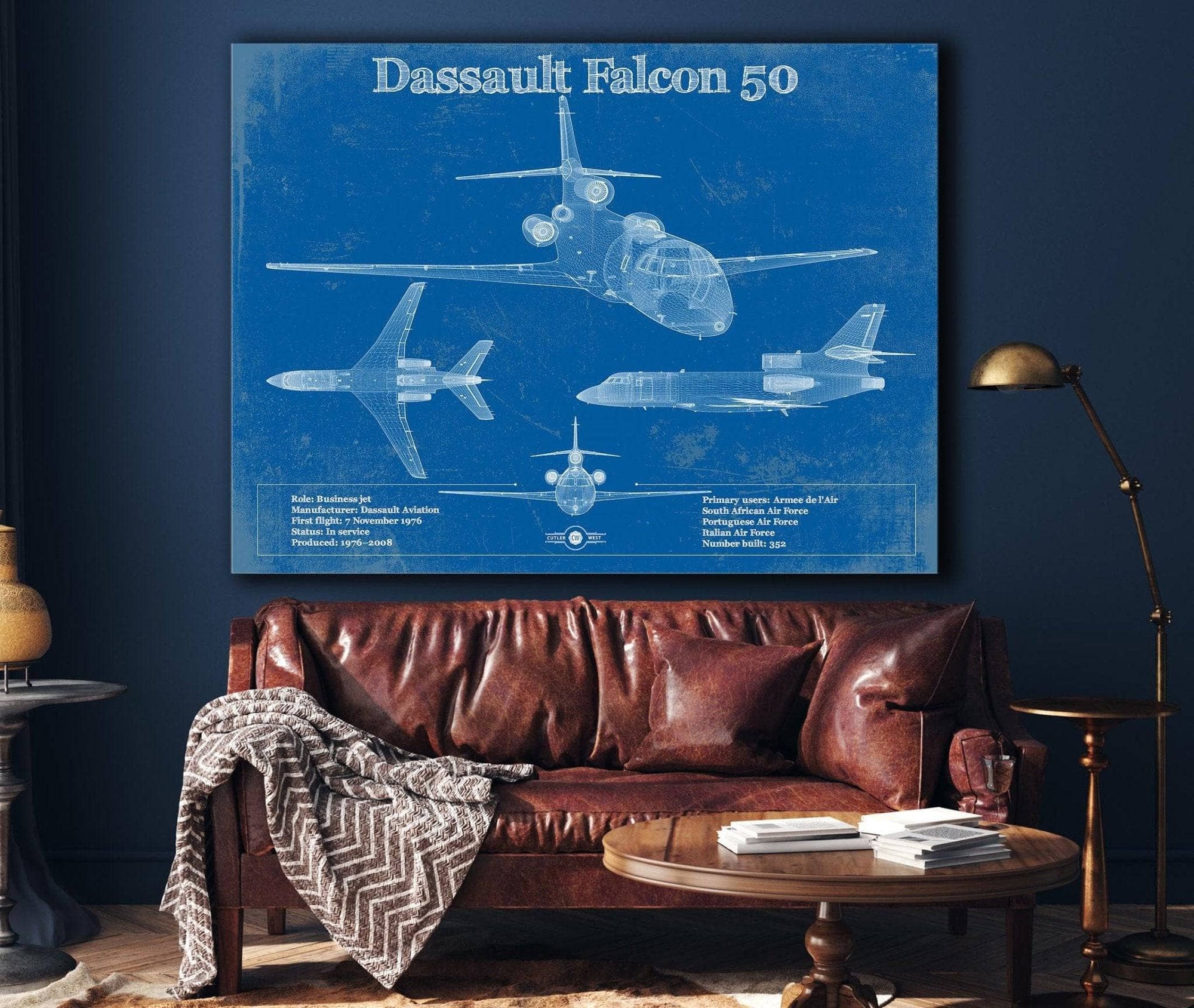 Cutler West Dassault Falcon 50 Vintage Blueprint Airplane Print