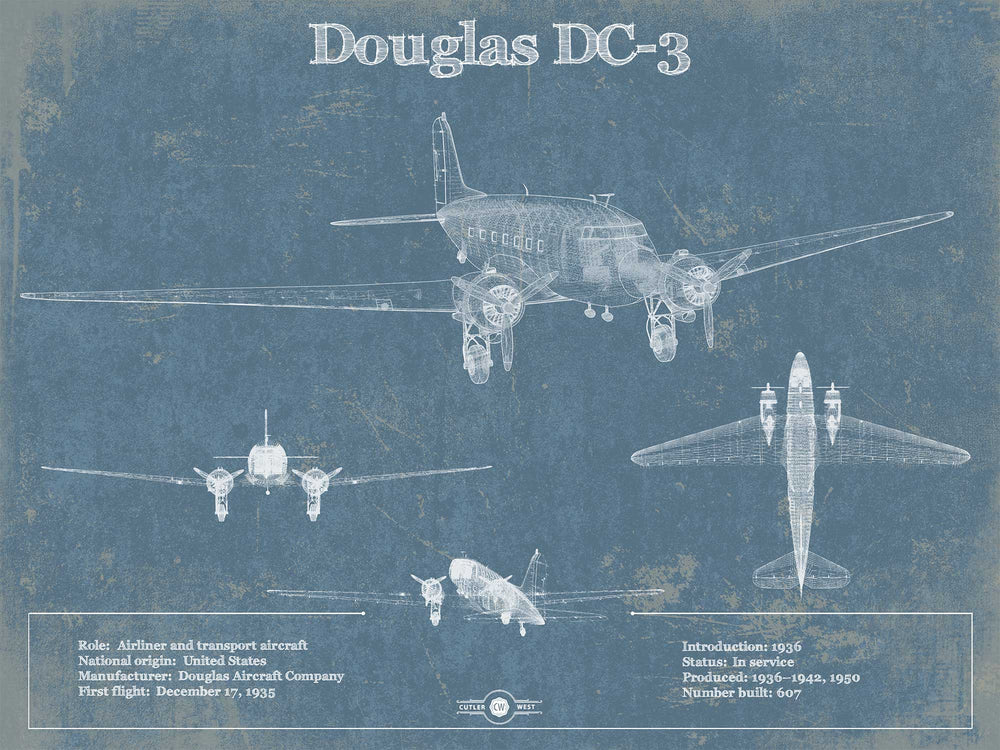 14" x 11" / Stretched Canvas Wrap Cutler West DC-3 Vintage Blueprint Airplane Wall Art
