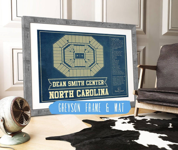 14" x 11" / Greyson Frame & Mat Cutler West Dean E. Smith Center North Carolina Tar Heels NCAA College Basketball Blueprint Art