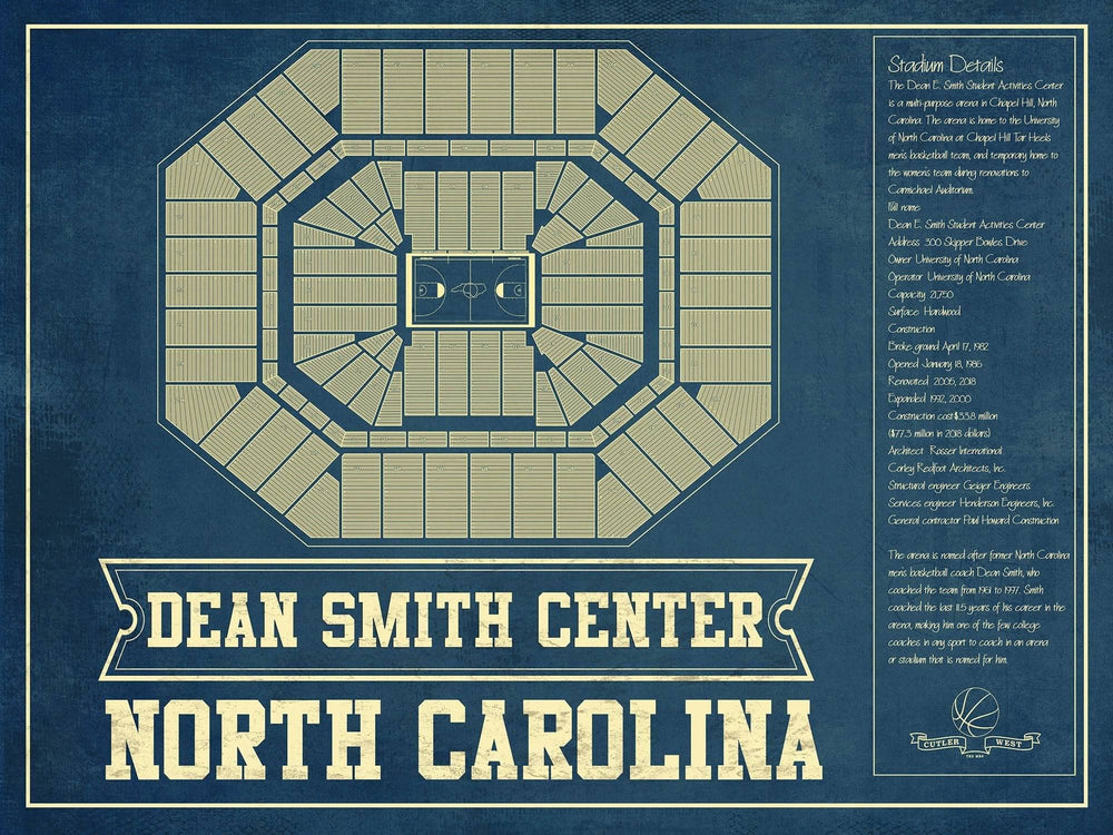 14" x 11" / Stretched Canvas Wrap Cutler West Dean E. Smith Center North Carolina Tar Heels NCAA College Basketball Blueprint Art
