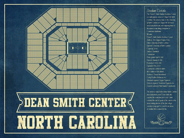 14" x 11" / Unframed Cutler West Dean E. Smith Center North Carolina Tar Heels NCAA College Basketball Blueprint Art