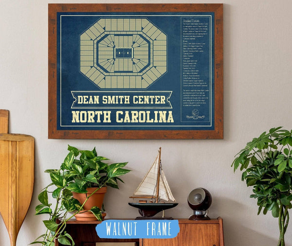 20" x 16" / Walnut Frame Cutler West Dean E. Smith Center North Carolina Tar Heels NCAA College Basketball Blueprint Art