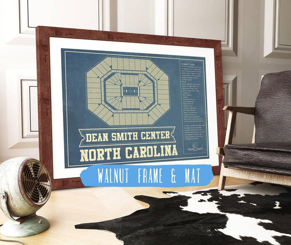 20" x 16" / Walnut Frame & Mat Cutler West Dean E. Smith Center North Carolina Tar Heels NCAA College Basketball Blueprint Art