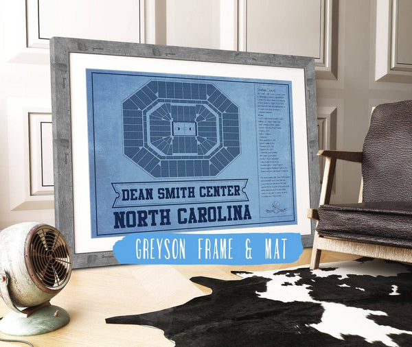 14" x 11" / Greyson Frame & Mat Cutler West Dean E. Smith Center North Carolina Tar Heels Team Colors NCAA College Basketball Blueprint Art