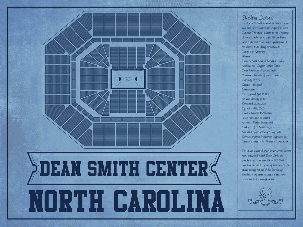 14" x 11" / Stretched Canvas Wrap Cutler West Dean E. Smith Center North Carolina Tar Heels Team Colors NCAA College Basketball Blueprint Art