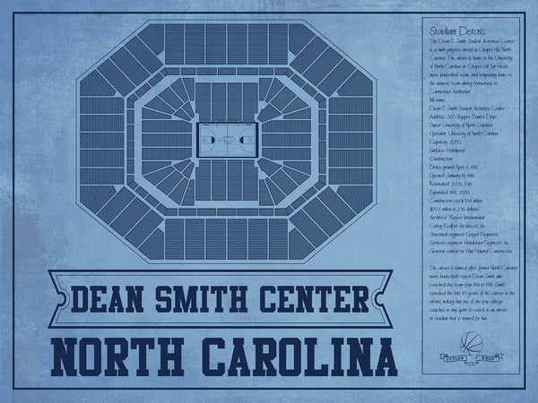14" x 11" / Unframed Cutler West Dean E. Smith Center North Carolina Tar Heels Team Colors NCAA College Basketball Blueprint Art