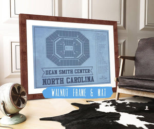 20" x 16" / Walnut Frame & Mat Cutler West Dean E. Smith Center North Carolina Tar Heels Team Colors NCAA College Basketball Blueprint Art