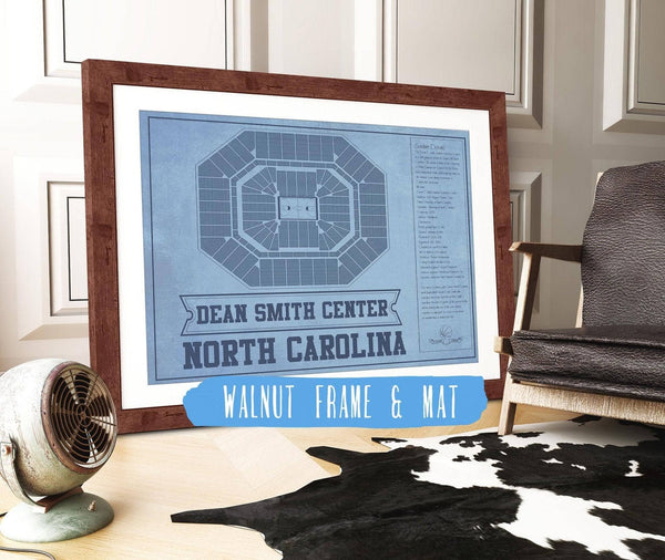 20" x 16" / Walnut Frame & Mat Cutler West Dean E. Smith Center North Carolina Tar Heels Team Colors NCAA College Basketball Blueprint Art