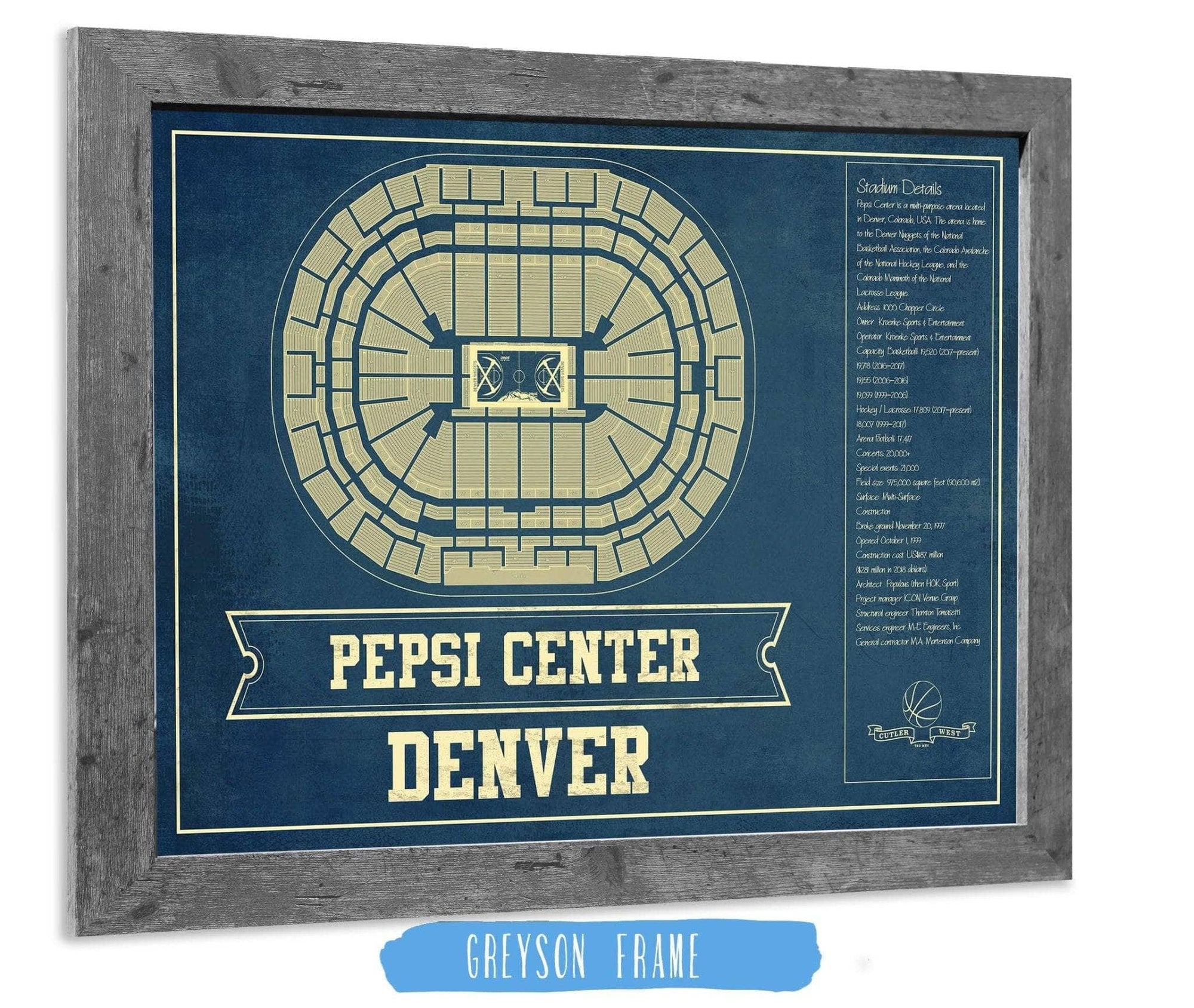 Cutler West Basketball Collection 14" x 11" / Greyson Frame Denver Nuggets Pepsi Center Vintage Basketball Blueprint NBA Print 933350163_76240
