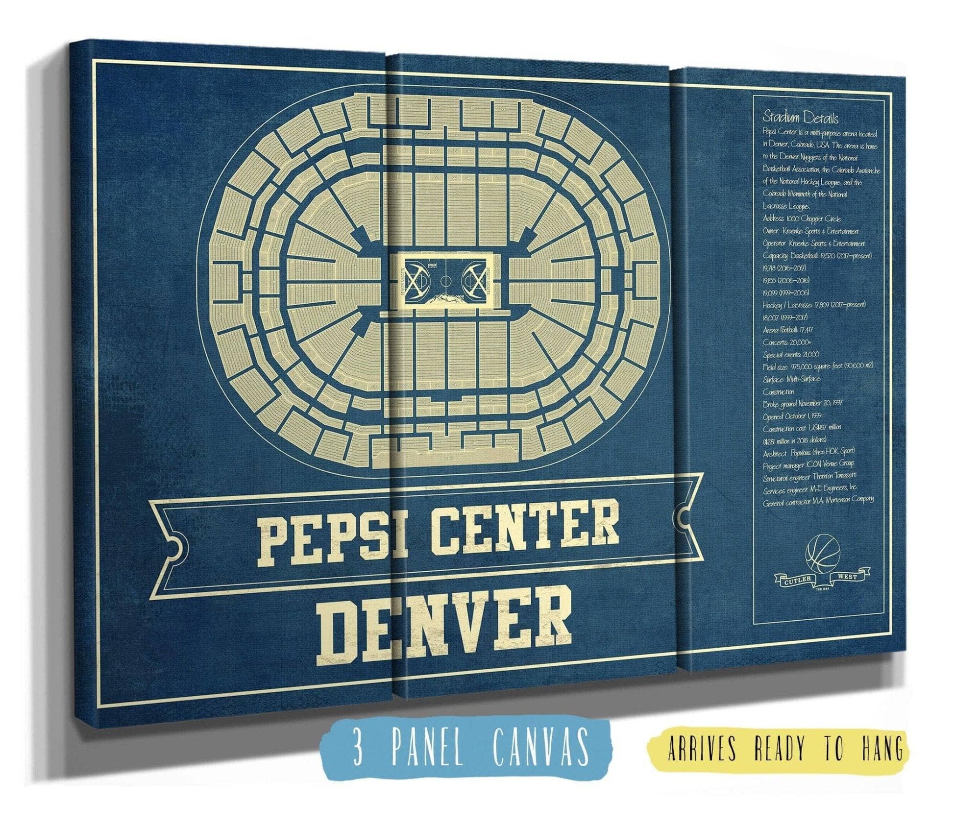 Cutler West Basketball Collection 48" x 32" / 3 Panel Canvas Wrap Denver Nuggets Pepsi Center Vintage Basketball Blueprint NBA Print 933350163_76283