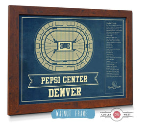 20" x 16" / Walnut Frame Cutler West Denver Nuggets Pepsi Center Vintage Basketball Blueprint NBA Print