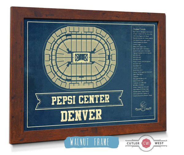 20" x 16" / Walnut Frame Cutler West Denver Nuggets Pepsi Center Vintage Basketball Blueprint NBA Print