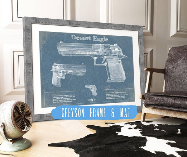 14" x 11" / Greyson Frame & Mat Cutler West Desert Eagle Blueprint Vintage Gun Print