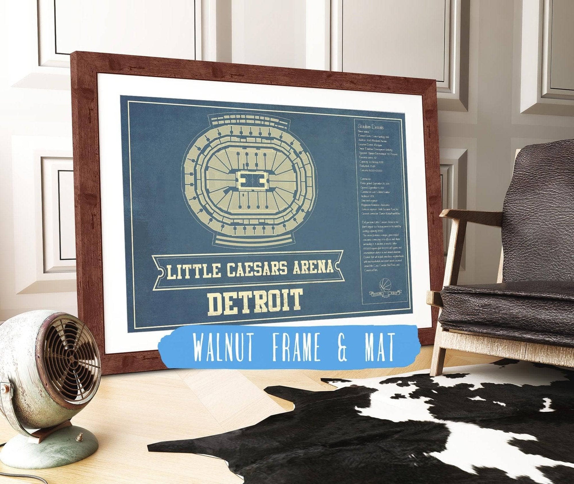 Cutler West Basketball Collection 14" x 11" / Walnut Frame Mat Detroit Pistons Little Caesars Arena Vintage Basketball Blueprint NBA Print 933350164_76303
