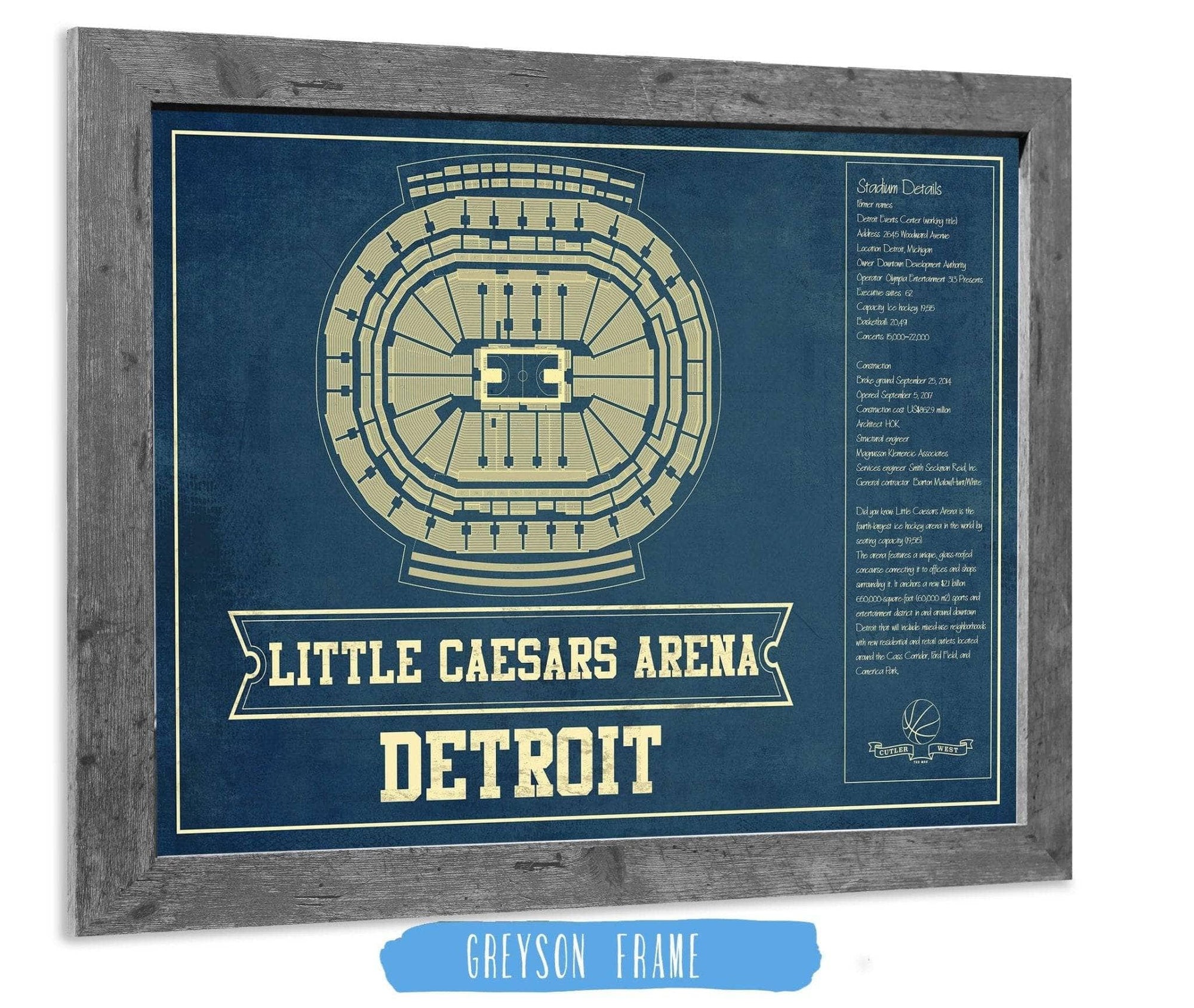 Cutler West Basketball Collection 14" x 11" / Greyson Frame Detroit Pistons Little Caesars Arena Vintage Basketball Blueprint NBA Print 933350164_76306