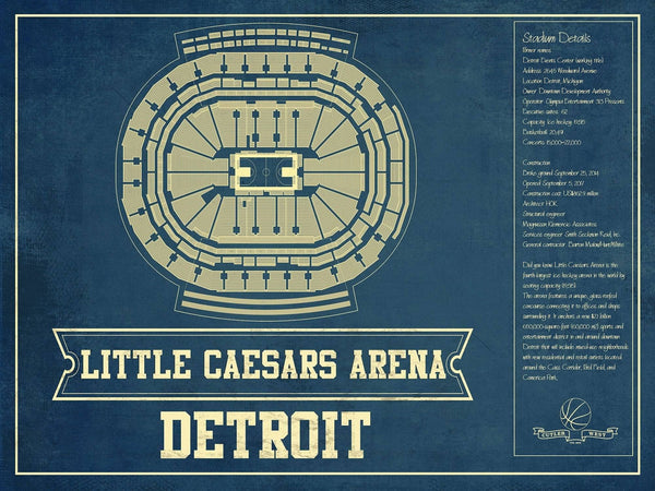 14" x 11" / Unframed Cutler West Detroit Pistons Little Caesars Arena Vintage Basketball Blueprint NBA Print