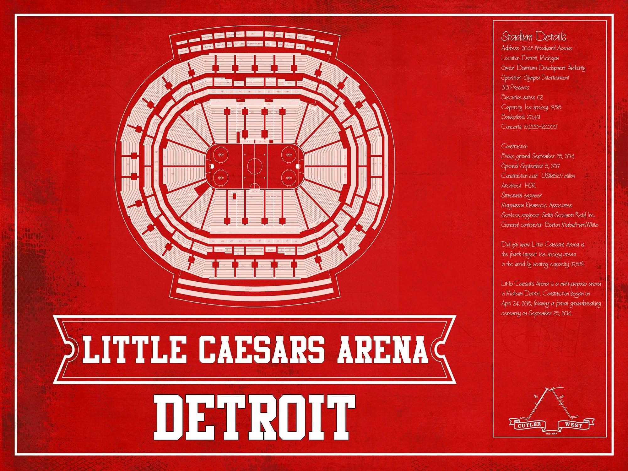 Cutler West 14" x 11" / Unframed Detroit Red Wings Team Colors - Little Caesars Arena Vintage Hockey Blueprint NHL Print 933350194_79533