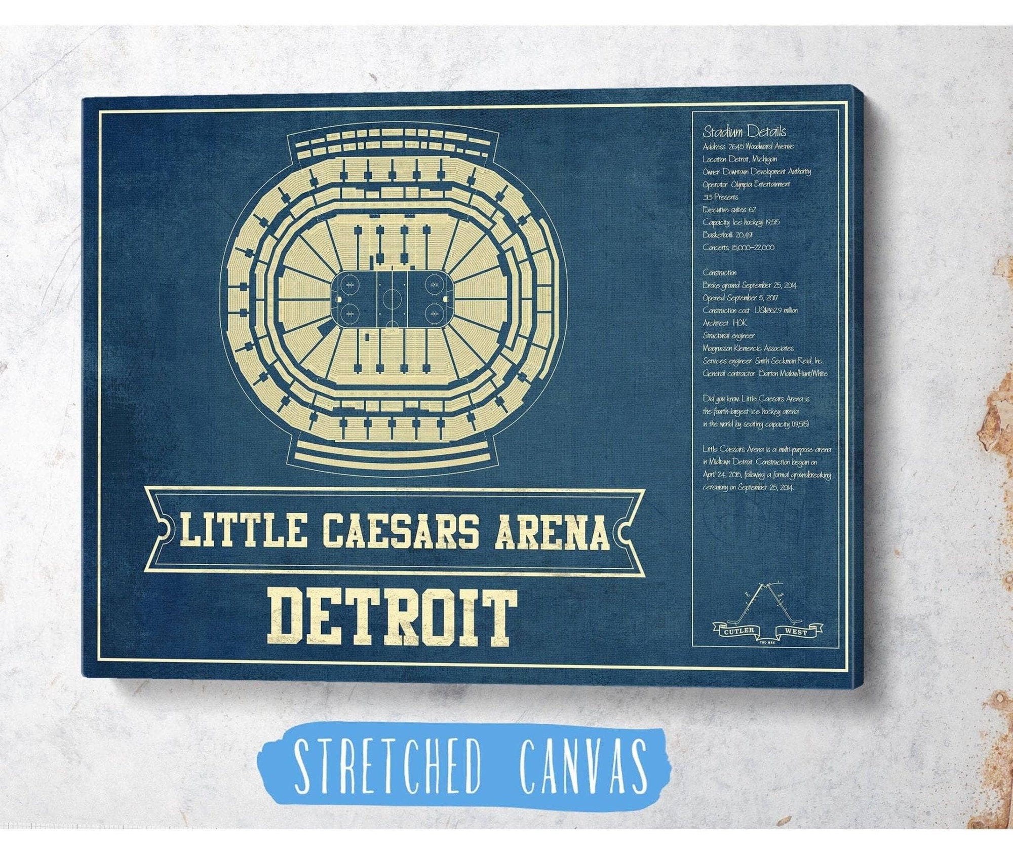 Cutler West Detroit Red Wings - Little Caesars Arena Vintage Hockey Blueprint NHL Print