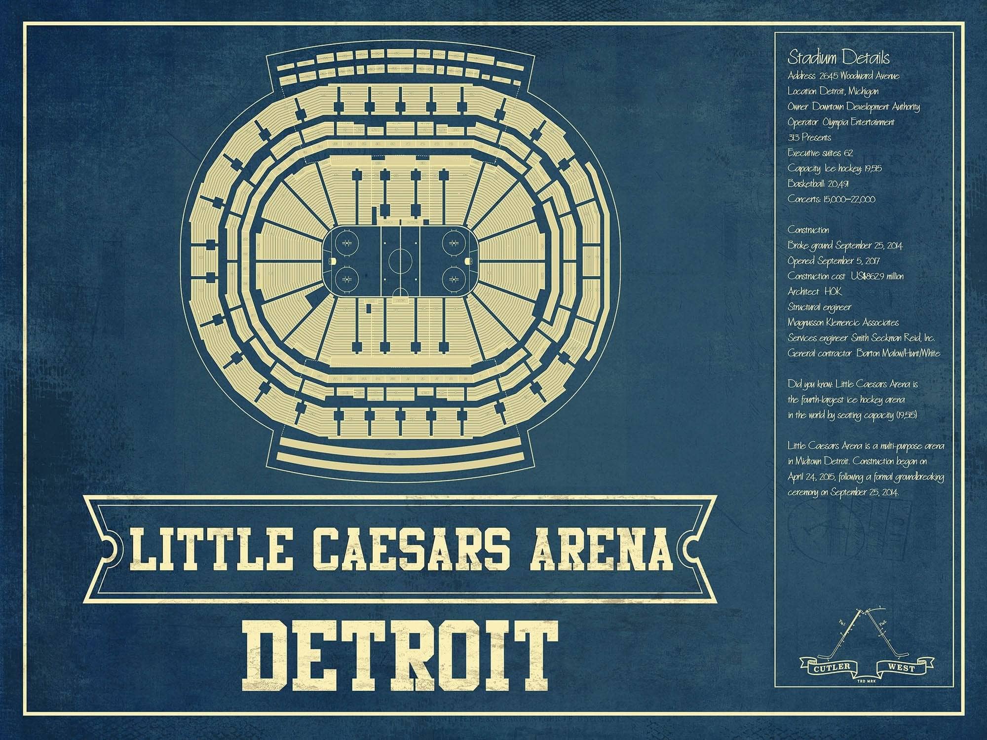 Cutler West 14" x 11" / Unframed Detroit Red Wings - Little Caesars Arena Vintage Hockey Blueprint NHL Print 933350193_79467