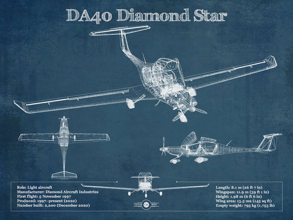 14" x 11" / Stretched Canvas Wrap Cutler West Diamond DA40 Diamond Star Vintage Aviation Blueprint Print
