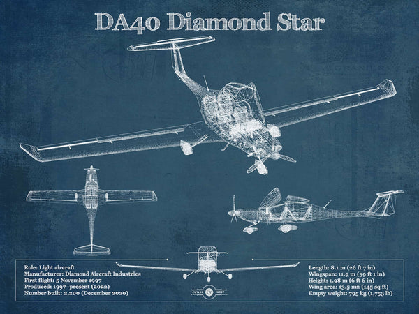14" x 11" / Unframed Cutler West Diamond DA40 Diamond Star Vintage Aviation Blueprint Print