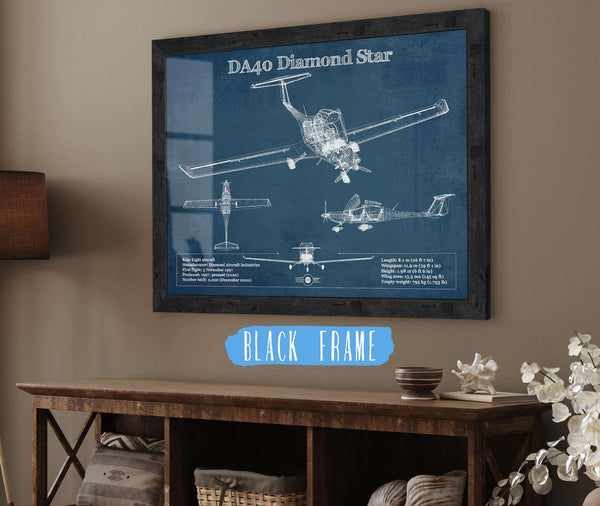 20" x 16" / Black Frame Cutler West Diamond DA40 Diamond Star Vintage Aviation Blueprint Print