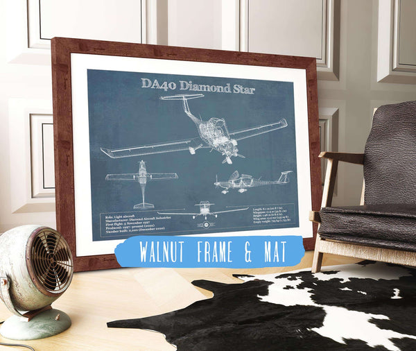 20" x 16" / Walnut Frame & Mat Cutler West Diamond DA40 Diamond Star Vintage Aviation Blueprint Print