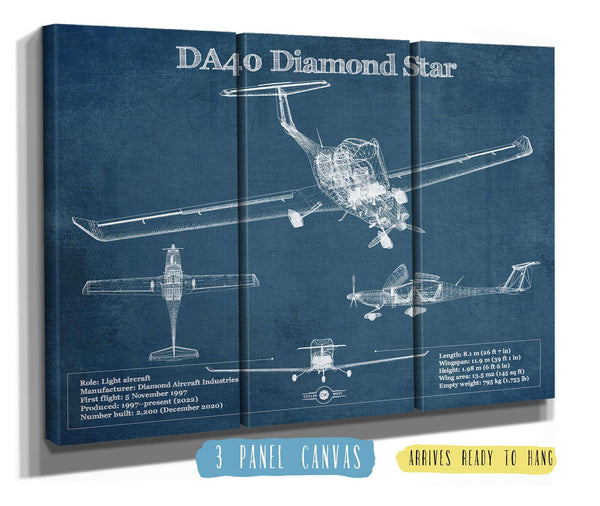 36" x 24" / 3 Panel Canvas Wrap Cutler West Diamond DA40 Diamond Star Vintage Aviation Blueprint Print