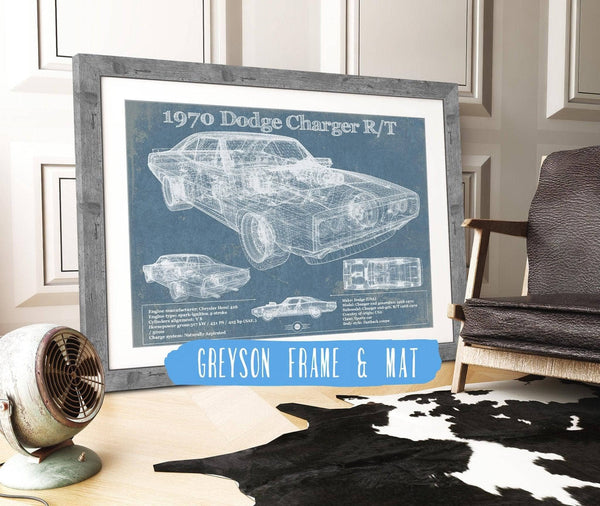 14" x 11" / Greyson Frame & Mat Cutler West Dodge Charger 1970 R/T (Fast and Furious) Sports Car Blueprint Patent Original Art