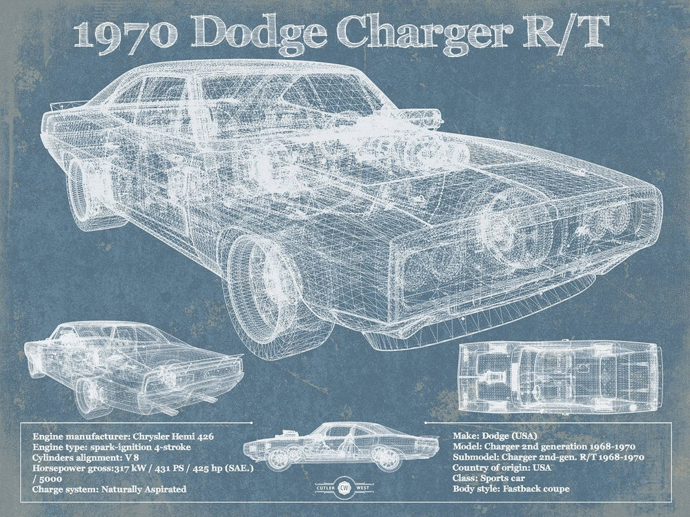 14" x 11" / Stretched Canvas Wrap Cutler West Dodge Charger 1970 R/T (Fast and Furious) Sports Car Blueprint Patent Original Art