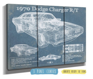 36" x 24" / 3 Panel Canvas Wrap Cutler West Dodge Charger 1970 R/T (Fast and Furious) Sports Car Blueprint Patent Original Art