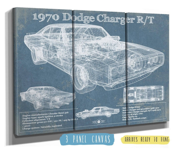 36" x 24" / 3 Panel Canvas Wrap Cutler West Dodge Charger 1970 R/T (Fast and Furious) Sports Car Blueprint Patent Original Art