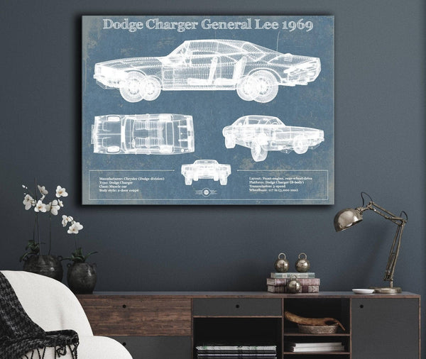 Cutler West Dodge Charger (Mk2) (B Body) General Lee 1969 Vintage Blueprint Auto Print