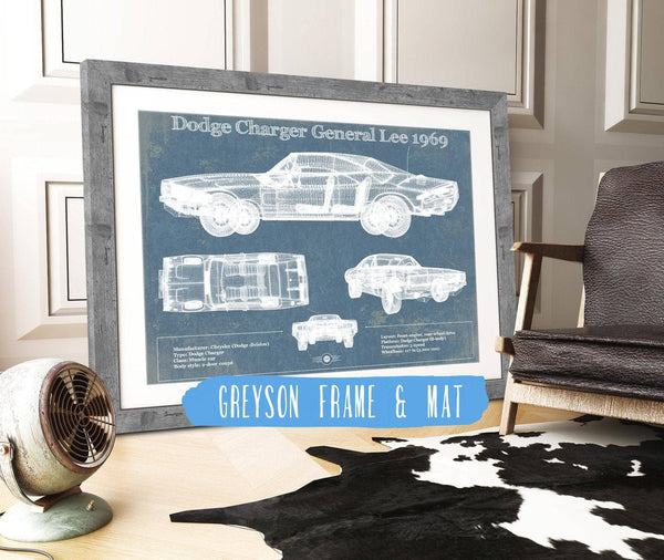 14" x 11" / Greyson Frame & Mat Cutler West Dodge Charger (Mk2) (B Body) General Lee 1969 Vintage Blueprint Auto Print