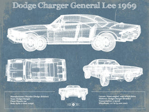 14" x 11" / Unframed Cutler West Dodge Charger (Mk2) (B Body) General Lee 1969 Vintage Blueprint Auto Print