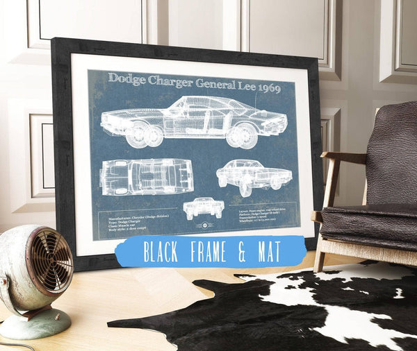 20" x 16" / Black Frame & Mat Cutler West Dodge Charger (Mk2) (B Body) General Lee 1969 Vintage Blueprint Auto Print
