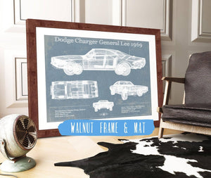 20" x 16" / Walnut Frame & Mat Cutler West Dodge Charger (Mk2) (B Body) General Lee 1969 Vintage Blueprint Auto Print