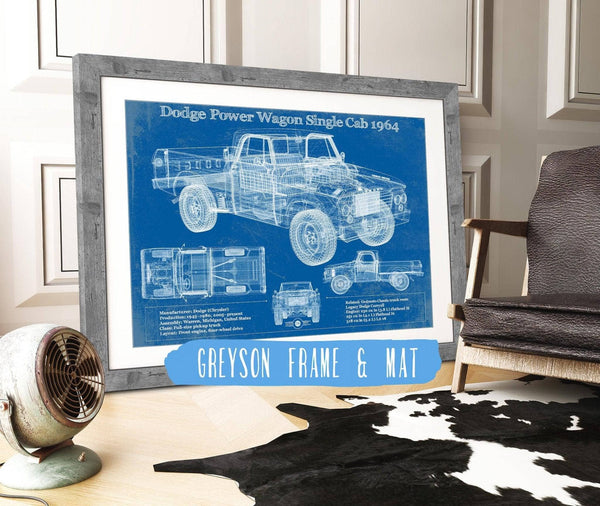 14" x 11" / Greyson Frame & Mat Cutler West Dodge Power Wagon Single Cab 1964 Vintage Blueprint Auto Print