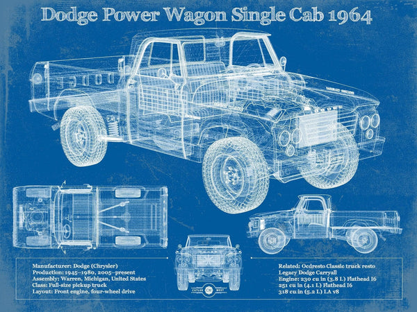 14" x 11" / Unframed Cutler West Dodge Power Wagon Single Cab 1964 Vintage Blueprint Auto Print