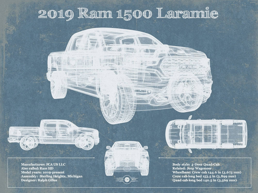 14" x 11" / Stretched Canvas Wrap Cutler West Dodge Ram 1500 Laramie 2019 Vintage Blueprint Auto Print